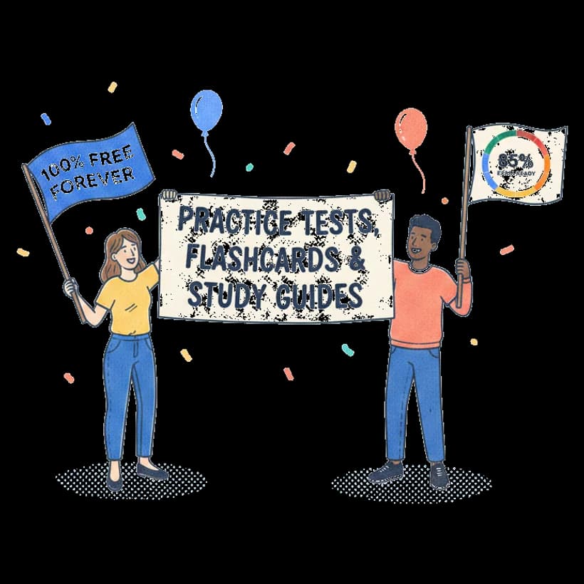 Career Employer — two exam-takers with a Practice Tests, Flashcards & Study Guides banner, a 100% Free Forever flag, and an 85% Exam Ready flag