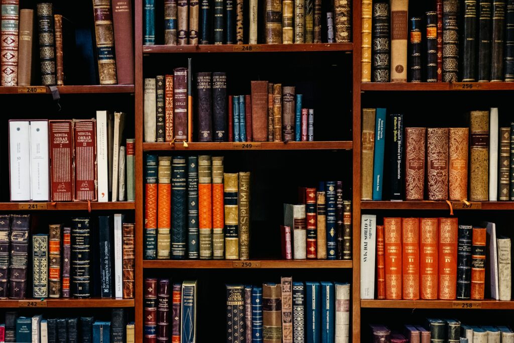 Close-up photo of assorted books on library shelf