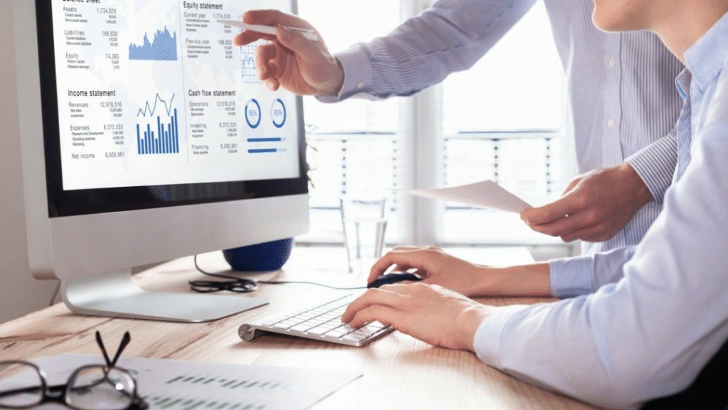 two colleagues analyzing an accounting dashboard on a computer