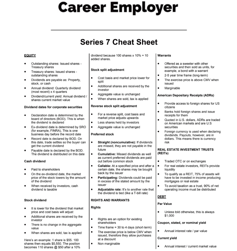 Image of our free series 7 cheat sheet to reduce study time.