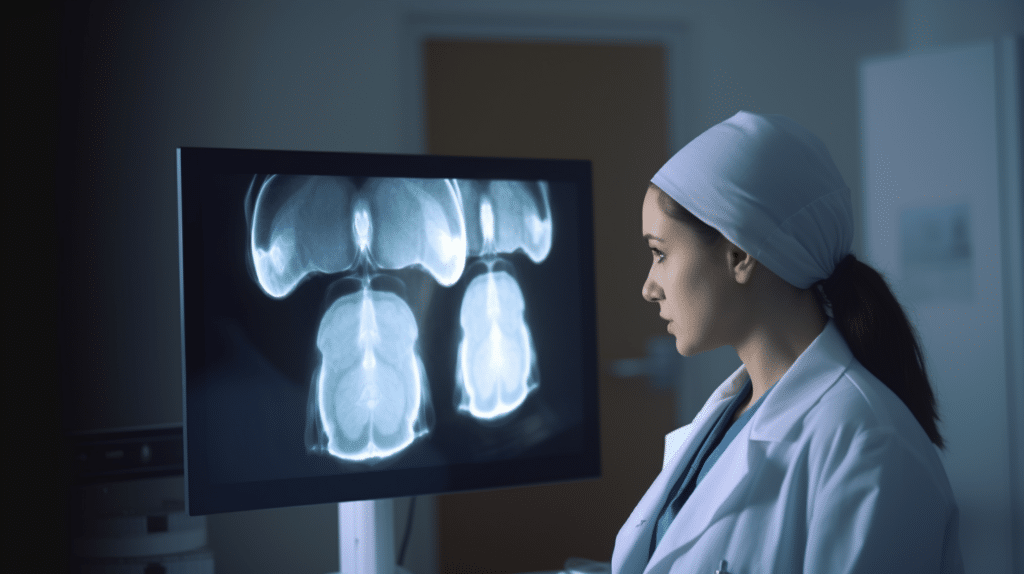 a nurse assessing the Endocrine x-ray of a patient