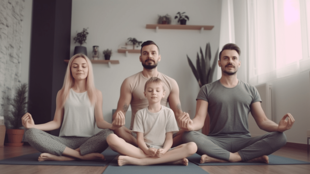 Fit Family Doing Home Online Stretching Yoga Fitness Exercise