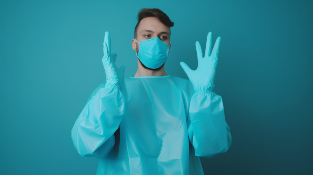 The doctor puts on sterile gloves for Infection control concept.