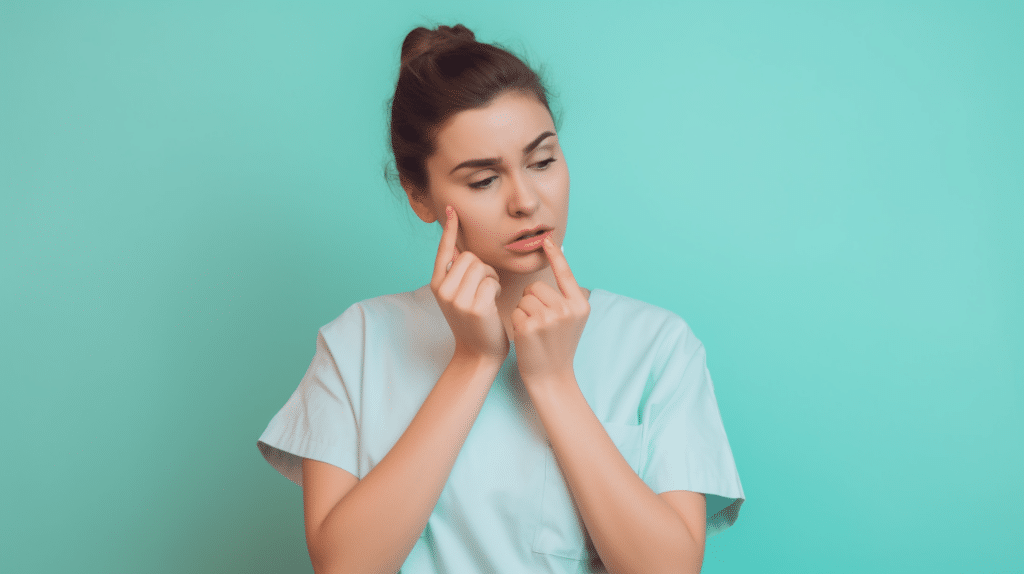 A woman with itching scratching her face skin caused by eczema, allergic skin