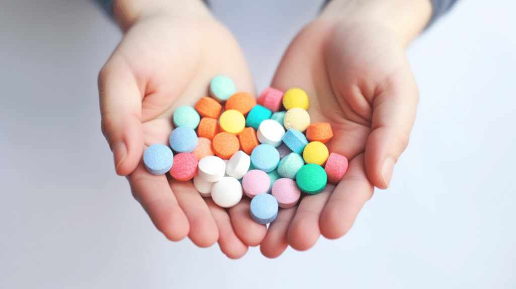 Woman hands holding bunch of medical pills isolated over white background